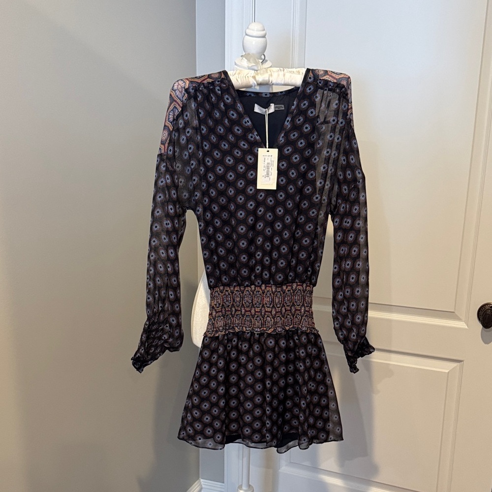 Ramy Brook Black and Purple Patterned Long Sleeve Dress
